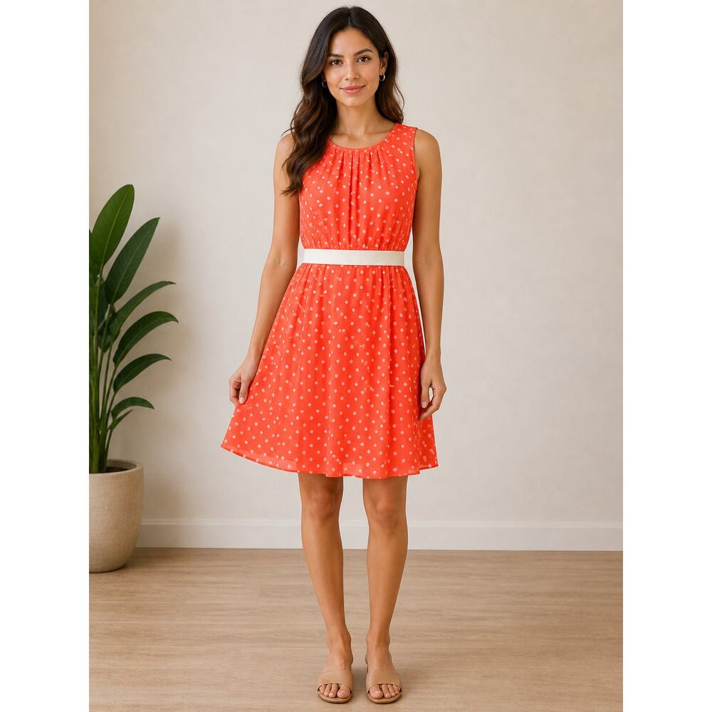 LR1407  Epic Threads Orange Polka Dot Sleeveless Dress XL Belted
